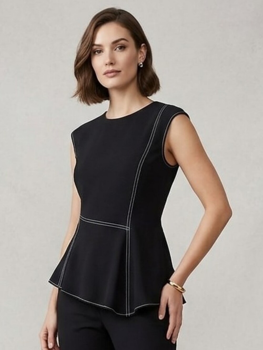 Worthington Women's Asymmetrical Peplum Top with Contrast Stitching, Black Small
